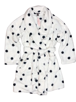 VICTORIA'S SECRET УЮТНЫЙ КОРОТКИЙ ПЛЮШЕВЫЙ ХАЛАТ ЛОГОТИП ГОРОШЕК XS/S M/L XL/XXL НОВЫЙ С ЯРЛЫКАМИ - Изображение 1 из 4