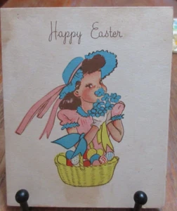 Vintage BUZZA CARDOZO Osterkarte süß BRÜNETTE BLÄST KÜSSE Korb EIER Tulpen - Bild 1 von 6