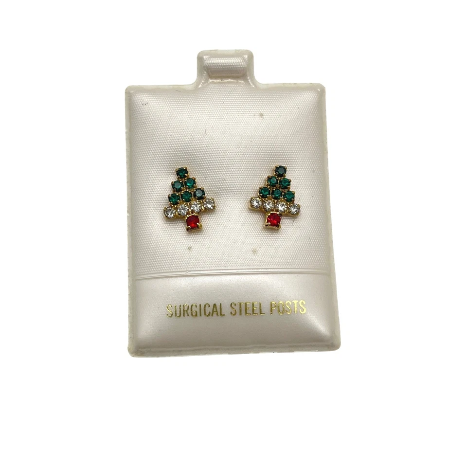 Pendientes Árbol de Navidad Verde Rojo Blanco Estrás Tono Dorado Tachuelas Foto 1 de 3