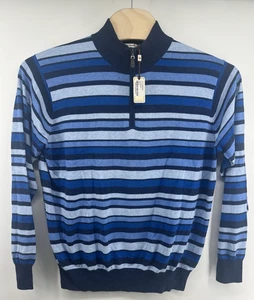 Peter Millar XL 1/4 Zip Mock Neck Sweater Cotton Cashmere Blend Blue Striped NWT - Picture 1 of 7