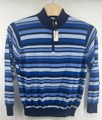 Peter Millar XL 1/4 Zip Mock Neck Sweater Cotton Cashmere Blend Blue Striped NWT - Image 1 of 4