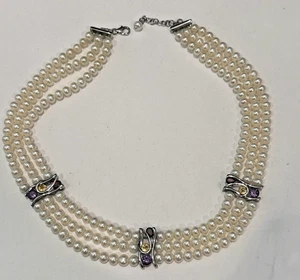 VINTAGE STERLING SILVER CULTURE PEARL & GEM STONE NECKLACE - Picture 1 of 9