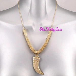 Gold Greek Key Tribal Horn Claw Tusk Fang Safari Necklace w/ Swarovski Crystals - Picture 1 of 4