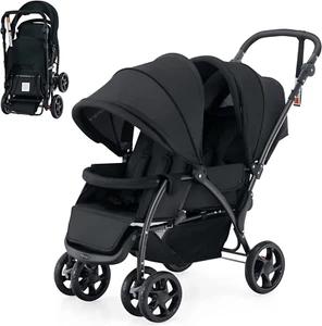 Foldable Tandem Stroller, Double Seat Baby Pram W/Adjustable Backrest, Push Hand - Picture 1 of 12
