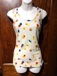 VINTAGE 70s FRUIT & MUSHROOM PRINT TANK TOP twee kitschy polkadot tee S M 2B - Picture 1 of 6