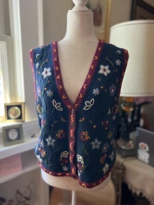 Erika Women's Blue Knit Floral Embroidered Sweater Vest, Crochet large - Picture 1 of 9