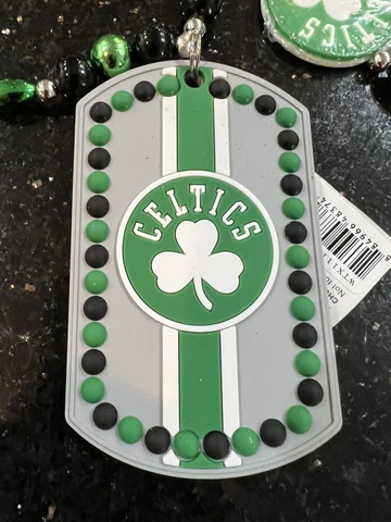 Boston Celtics large dog tag medallion beaded mardi gras necklace Cover
