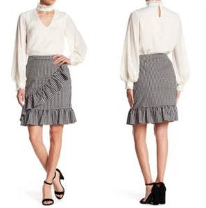 Nanette Lepore Gingham Black White Ruffled Pencil Skirt Size 8 - Picture 1 of 6