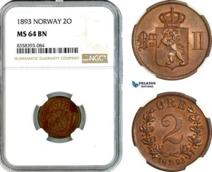 AK518, Norway, Oscar II, 2 Øre 1893, Kongsberg Mint, NGC MS64BN - Picture 1 of 1