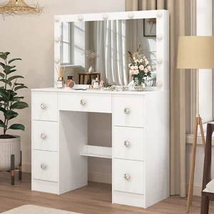 Vanity Makeup Table Dressing Desk 11 LED Lighted Mirror w/ 7 Drawers Bedroom US - Picture 1 of 21