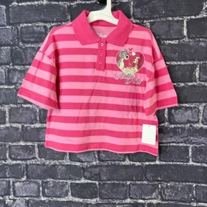 Disney Small 6/7 Lady &Tramp Cropped Printed Polo Top Pink Striped Collar - Picture 1 of 6