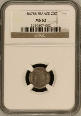 FRANCE , SILVER 20 CENTIMES 1867-BB  STRASBOURG  NGC MS 62 ( BL ) , RARE - Image 1 of 2