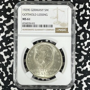 1929-E Germany Lessing 5 Mark NGC MS61 Lot#G9927 Silver! Nice UNC! 12,000 Minted - Picture 1 of 3