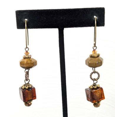 Boho Tribal Amber Color Brown Dichroic Glass Cube Stone Stacked Dangle Earrings - Image 1 of 4
