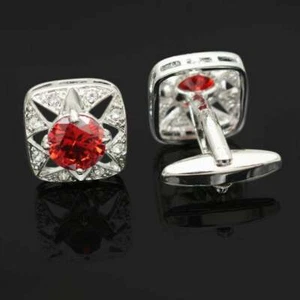 Classic 935 Argentium Silver Round Cut Red Ruby & CZ Excellent Amazing Cufflinks - Picture 1 of 3