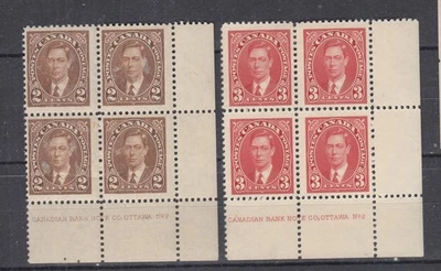 1937 #232 2¢ & #233 3¢  KING GEORGE VI MUFTI ISSUE LR PLATE BLOCK #2  F-VF - Image 1 of 4