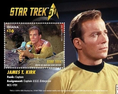 Hoja de estampillas de recuerdo Ghana 2016 Star Trek James T Kirk, Scott #2924, MNH, gema Foto 1 de 2