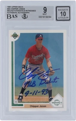 Chipper Jones Braves 签名 '91 Upper Deck #55 BAS 9/10 新秀卡 带首发 Insc — 第 1/3 张图片