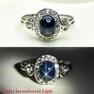 π Deep Blue 6 Ray Star Sapphire & Topaz Ring 1.80ct in 925 Sterling Silver - Picture 1 of 6