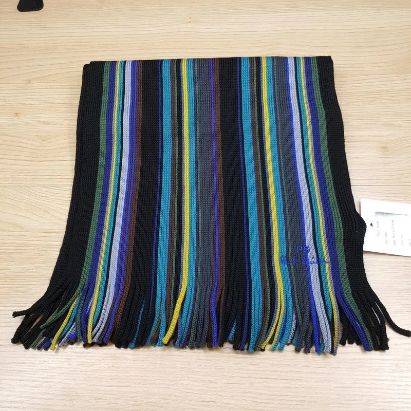 PAUL SMITH Mens Scarf Black Stripe Fringe 100% Merino Wool 11x65 $125 - Image 1 of 4