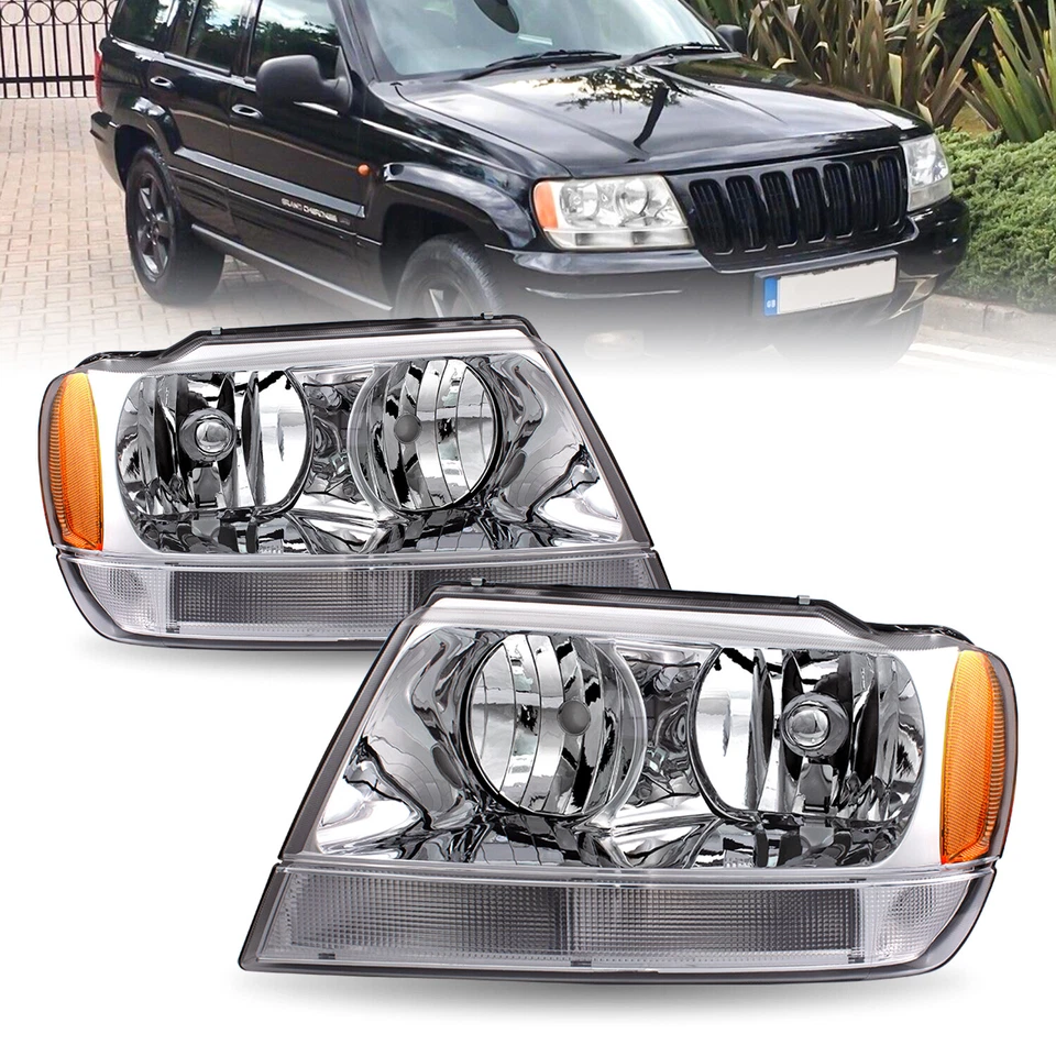 For 1999-2004 Jeep Grand Cherokee Chrome Headlights Amber Corner Headlamps Pair - Image 1 of 4
