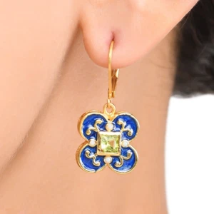 Stunning Peridot 14K Gold Plated Art Deco Enameled Earring - Picture 1 of 5
