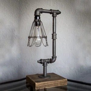 Iron Pipe Table Desk Lamp Light Retro Industrial Style Metal Wire Cage Shade - Picture 1 of 6