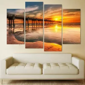 Sunset Sunrise Ocean Waves Bridge Framed 4 Piece Canvas Wall Art Painting Wallpa - Picture 1 of 5