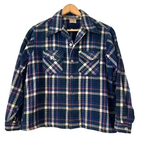 Town Topic Vintage 50's 60's Wool Plaid Camp Shirt Large Men's Button Front - Picture 1 of 4