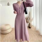 Womens Solid Color V Neck Slim Fit Flared A Line Long Knitted Sweater Dress