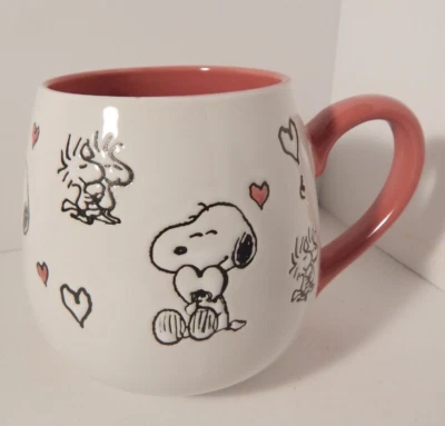 Taza de café Peanuts Happy Snoopy grande 20 oz blanco rosa flores multicolores Foto 1 de 4