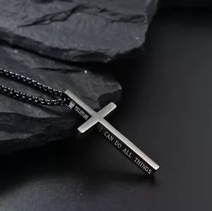 MEN WOMEN BIBLE VERSE BLACK STAINLESS STEEL CROSS NECKLACE PHILIPPIANS 4:13 GIFT - Picture 1 of 4
