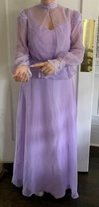 Vintage Lavender Lilac 2 Piece 70s Maxi Dress Sheer Bolero Ruffles S/M USA Union - Picture 1 of 18