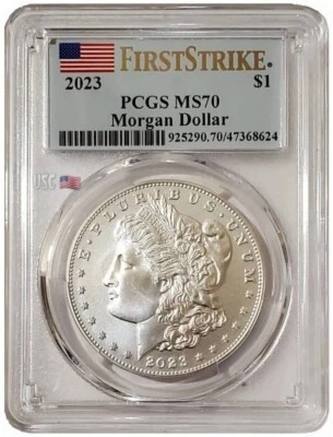 2023-P $1 MORGAN DOLLAR PCGS MS70 First Strike US Flag Label Silver Coin. - Image 1 of 4