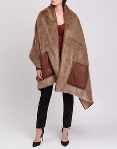 RRP€1779 BURBERRY Faux Fur Shawl / Coverup Cashmere Lining Leather Pockets - Picture 1 of 12