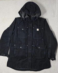 Carhartt Jacke Damen Large Schwarz Field Coat 8 Taschen Stepp gefüttert Sherpa Kapuze - Bild 1 von 14