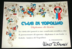 DIPLOMA DI SOCIO DEL CLUB DI TOPOLINO A FIRMA W. DISNEY - Foto 1 di 1