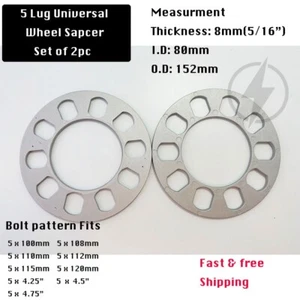 2 Wheel Spacers 8mm (5/16") Universal Fits 5x100 5x108 5x112 5x114.3 5x115 5x120 - Picture 1 of 4