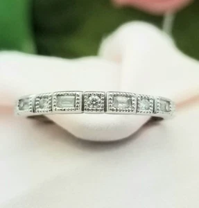 14K Baguette and Round Diamond Wedding Band-White Gold-Earth Mined-10CT-1.8mm - Picture 1 of 8