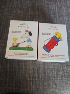 2 2019 Hallmark Ornaments Peanuts Golfer Snoopy & Golfing With Woodstock New - Picture 1 of 4