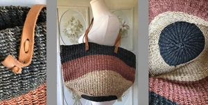 VTG MARKET BAG HEMP SISAL BUCKET WOVEN JUTE BLACK BROWN TAN LEATHER STRAPS EUC - Picture 1 of 7