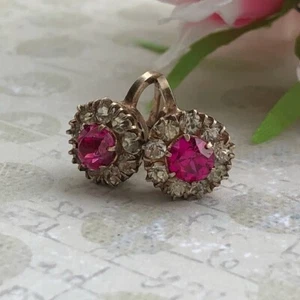 Antik 50er Jahre UdSSR Paar Ohrstecker vergoldet Silber 875 Rubin Bergkristall Schmuck Damen - Bild 1 von 9