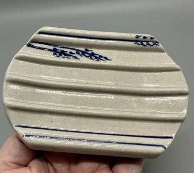 Pottery Soap Dish Holder Rustic Wheat Design Hand Crafted Gray Blue Earthy - Image 1 of 4