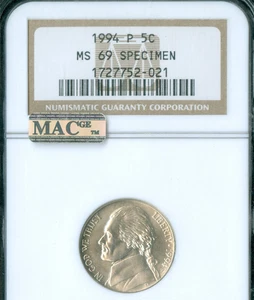 1994 P JEFFERSON NICKEL NGC MS69 SP69 MAC 2ND FINEST GRADE & SPOTLESS . - Picture 1 of 2