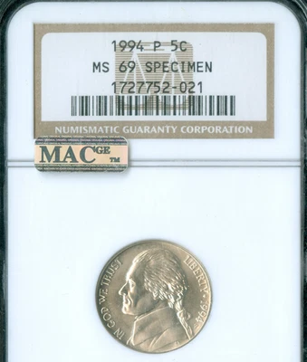 1994 P JEFFERSON NICKEL NGC MS69 SP69  MAC 2ND FINEST GRADE & SPOTLESS . - Image 1 of 2