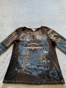 Christopher & Banks Women Cafe Latte Beaded 3/4 Sleeve Boat Neck T-Shirt Size M - Picture 1 of 9