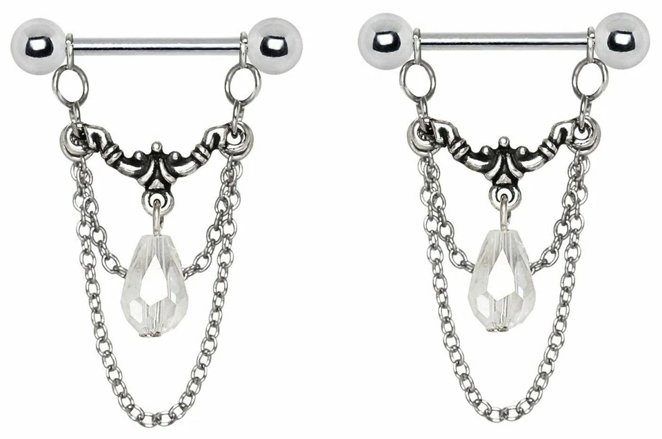 Body Accentz Nipple Ring Bars Shield Stainless Steel Aurora Double Chain Pair - Image 1 of 1