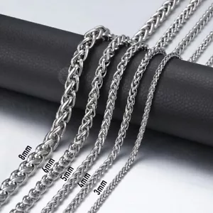 3/4/5/6/8mm Braided Wheat Chain Silver 316L Stainless Steel Men Women Necklace - Picture 1 of 16