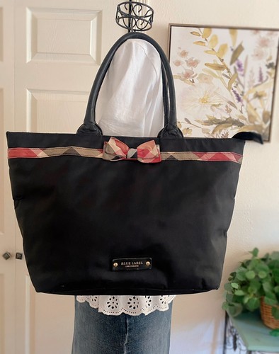 Borsa tote grande originale BURBERRY ETICHETTA BLU Giappone Nova fiocco a scacchi nero nylon
