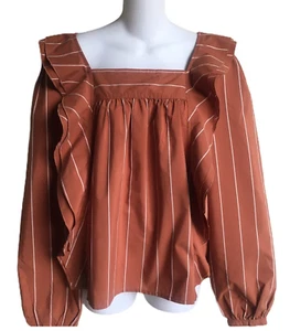 Topshop Striped Ruffle Blouse Top Ladies 6 Tall Caramel White Long Sleeves NWT - Bild 1 von 6